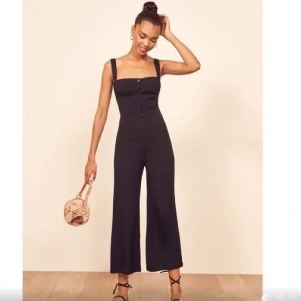 REFORMATION Black Button-Front DELLA Crepe Jumpsuit - size 2